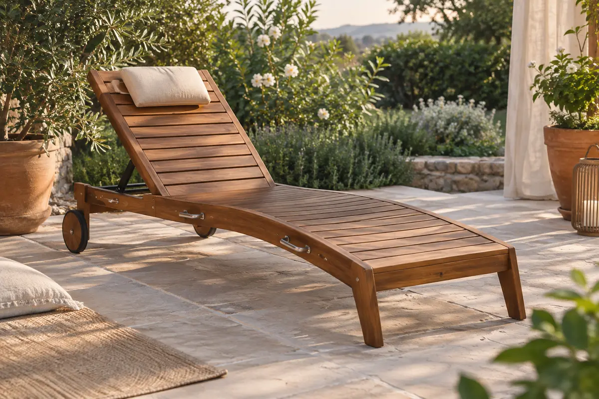 Chaise longue pliable en acacia avec appuie-tête réglable, installée sur une terrasse au milieu de la végétation.
