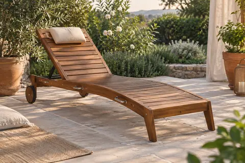 Chaise longue pliable en acacia avec appuie-tête réglable, installée sur une terrasse au milieu de la végétation.