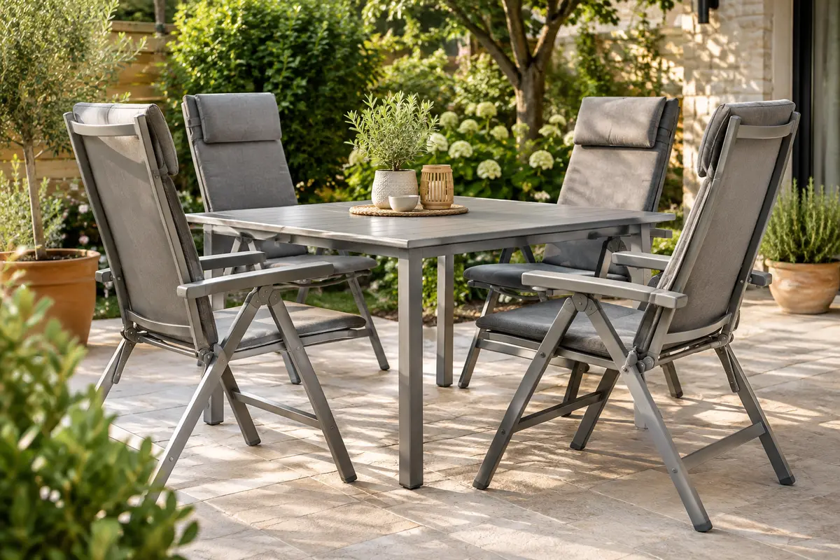 Quatre chaises de jardin pliantes grises à dossier haut, installées sur une terrasse végétalisée.