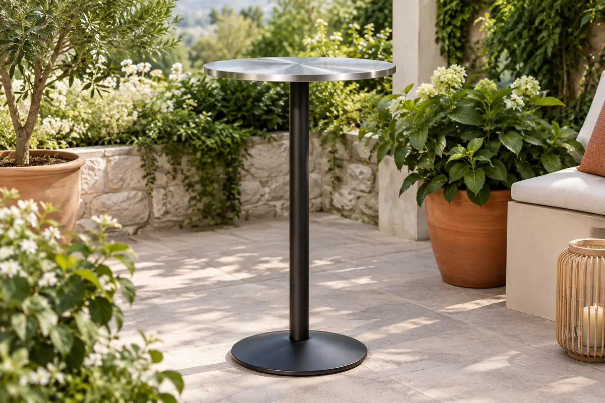 Table haute noire Casaria avec plateau rond en inox et piètement réglable, installée sur une terrasse végétalisée.