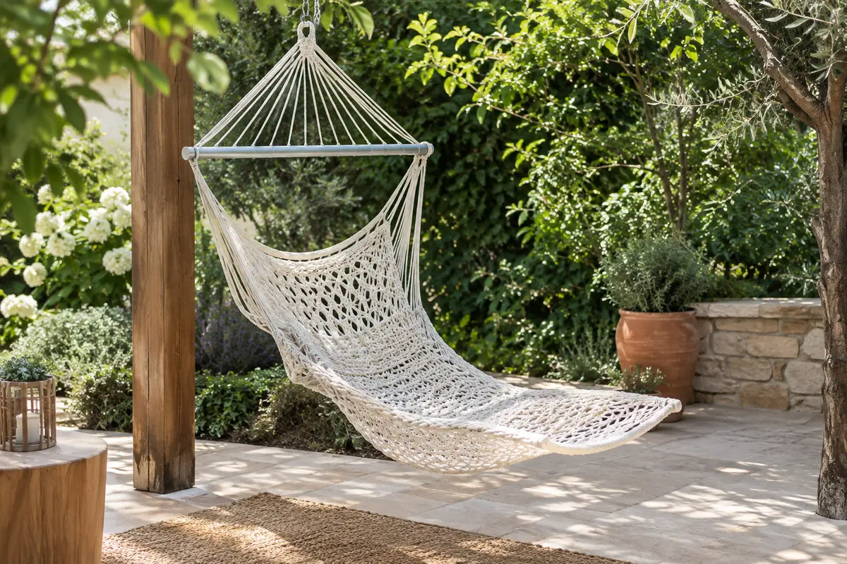 Fauteuil suspendu Chihee en coton tissé, installé dans une terrasse de jardin verdoyante
