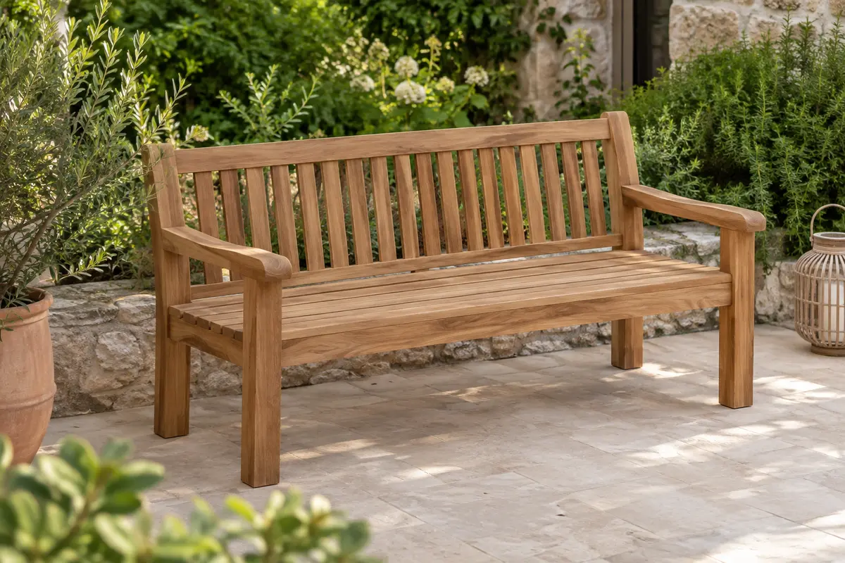 Banc de jardin en teck massif avec dossier et accoudoirs installé sur une terrasse végétalisée