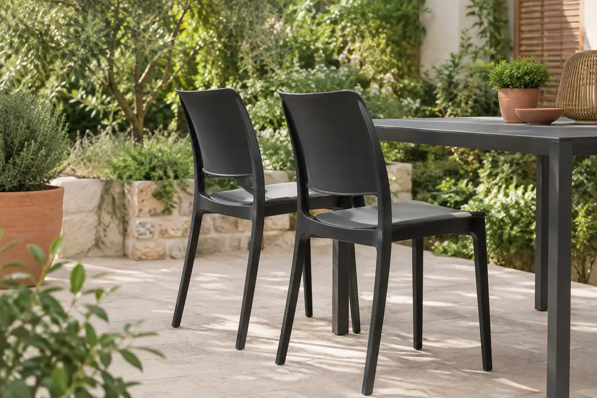 Deux chaises de jardin Meton en polypropylène noir installées sur une terrasse végétalisée.