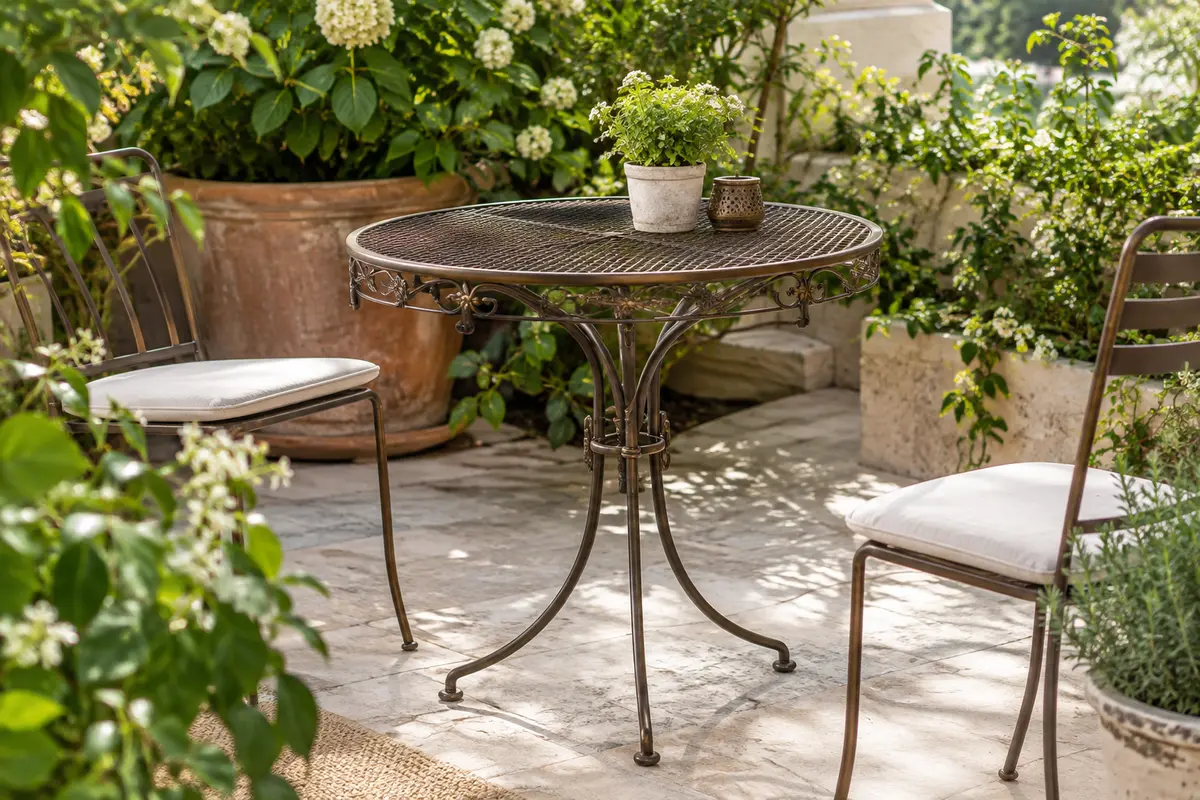Table bistrot ronde en fer bronze à plateau ajouré, installée sur une terrasse végétalisée