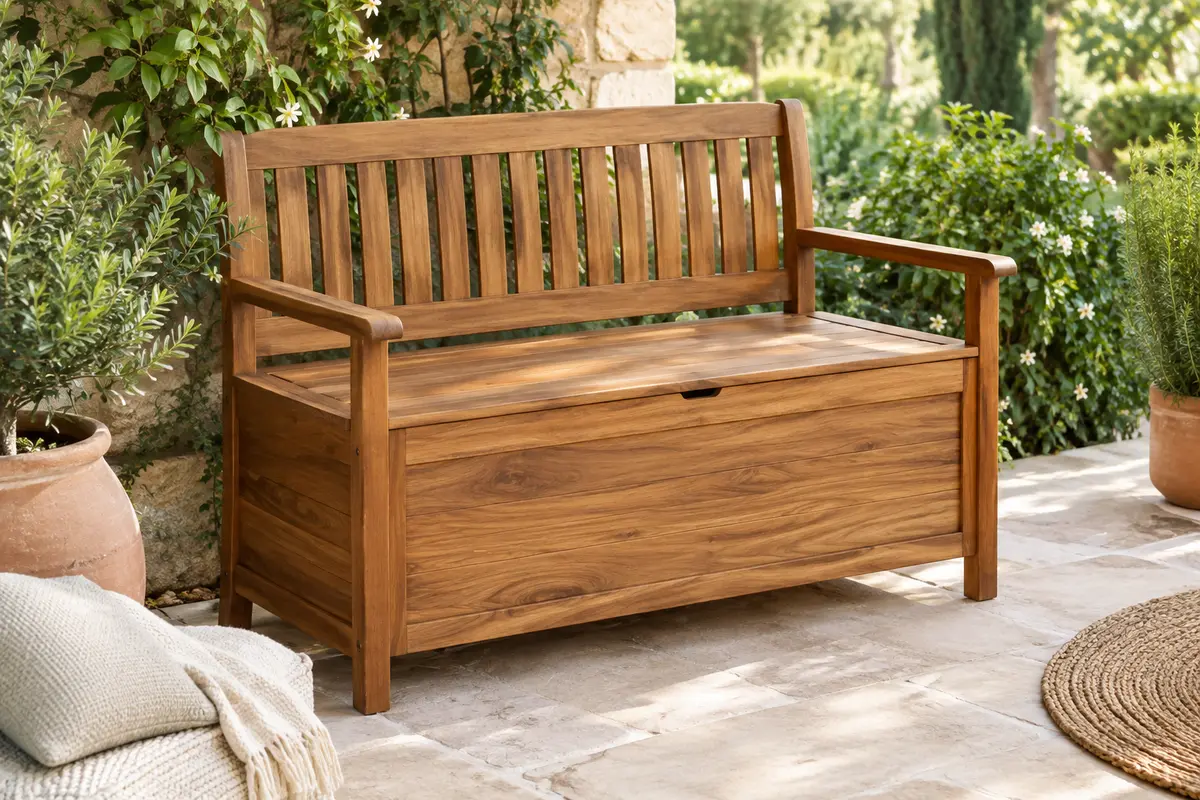 Banc de jardin en acacia teinte teck avec dossier, accoudoirs et rangement, installé sur une terrasse végétalisée.