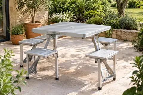 Table de pique-nique pliante en aluminium brossé avec quatre sièges, installée sur une terrasse de jardin