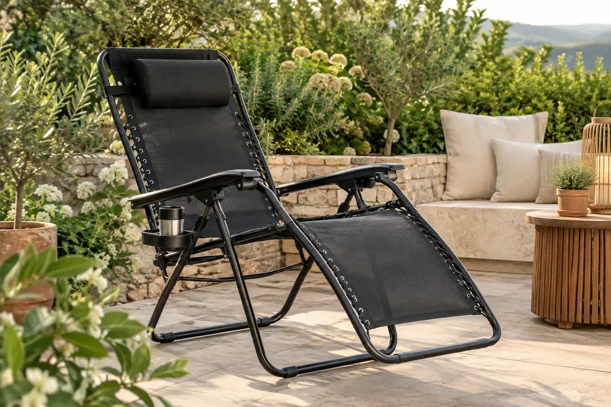 Fauteuil inclinable noir en Textilene avec coussin et porte-gobelet sur une terrasse végétalisée.
