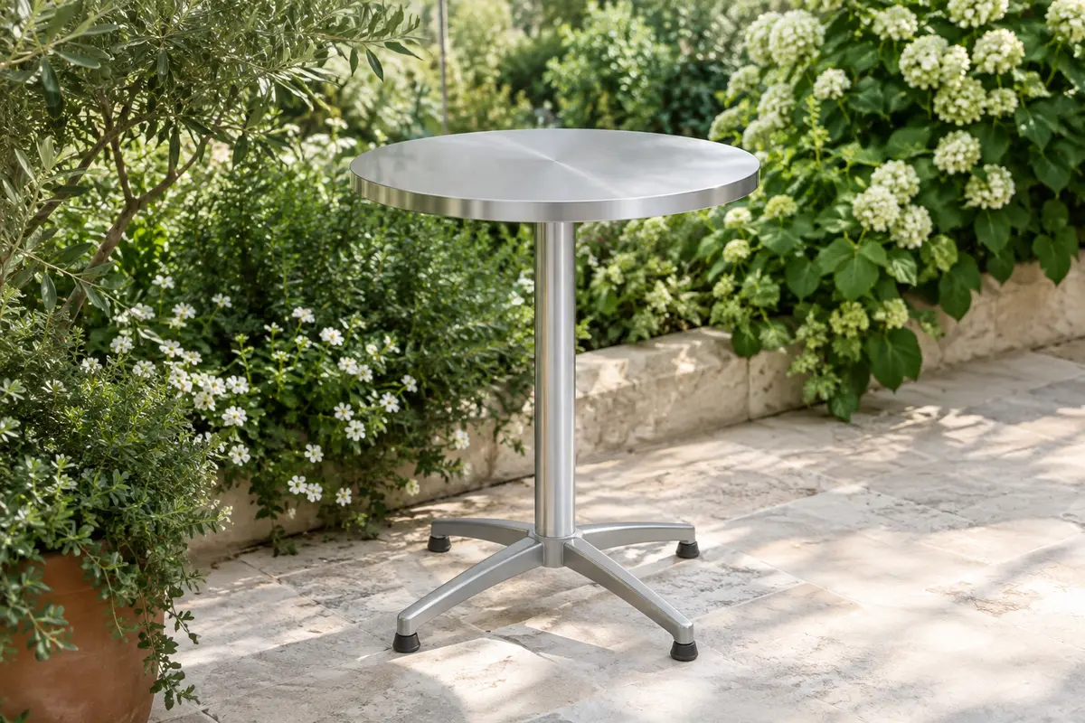 Table bistrot ronde en acier inoxydable et aluminium installée seule sur une terrasse végétalisée.