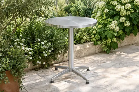 Table bistrot ronde en acier inoxydable et aluminium installée seule sur une terrasse végétalisée.