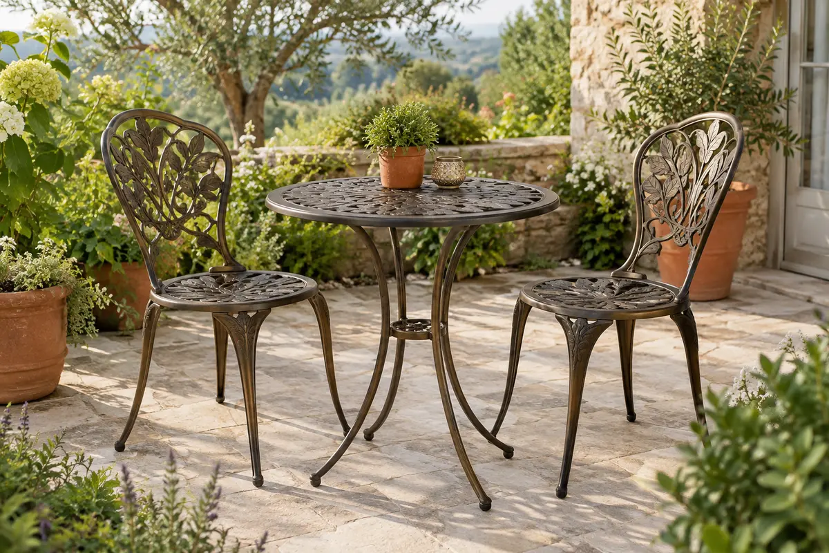 Ensemble bistrot en fonte d’aluminium bronze avec table ronde et deux chaises ajourées sur une terrasse végétalisée.