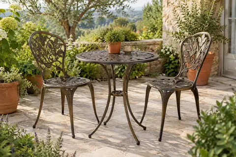 Ensemble bistrot en fonte d’aluminium bronze avec table ronde et deux chaises ajourées sur une terrasse végétalisée.