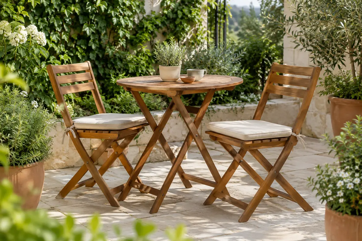 Ensemble bistrot pliant en acacia avec table ronde, deux chaises et coussins beiges sur une terrasse végétalisée.