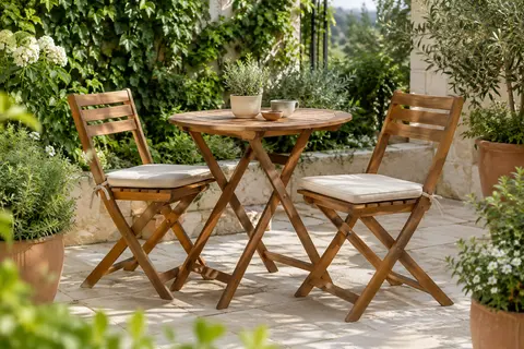 Ensemble bistrot pliant en acacia avec table ronde, deux chaises et coussins beiges sur une terrasse végétalisée.