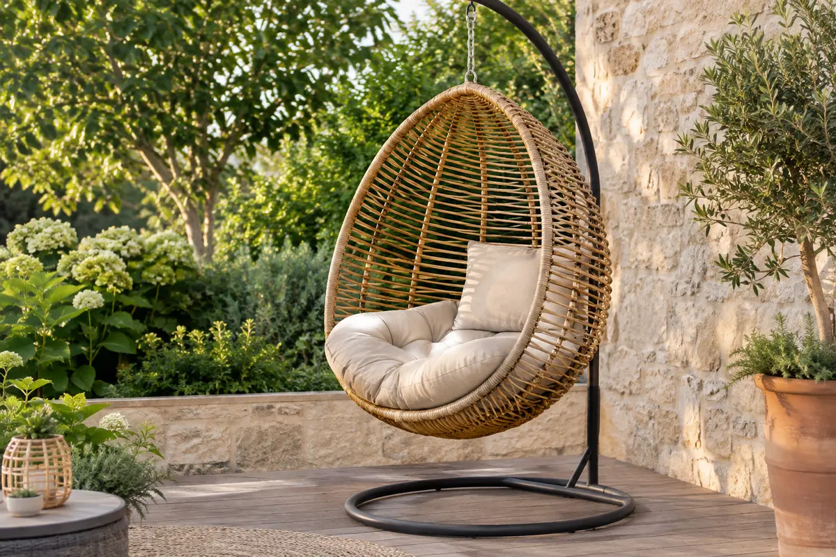 Fauteuil suspendu en polyrattan avec support en acier et coussin beige, installé sur une terrasse végétalisée.