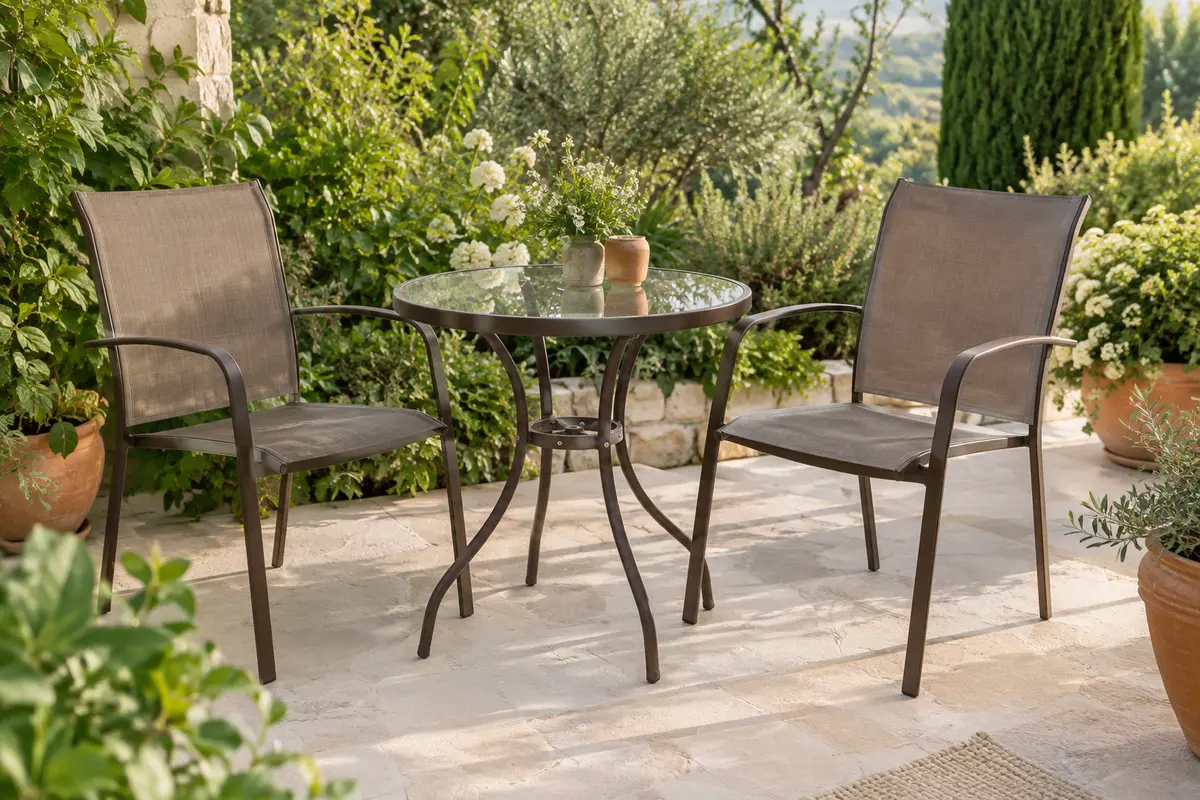 Deux fauteuils en Textilène et une table basse en verre trempé installés sur une terrasse végétalisée.