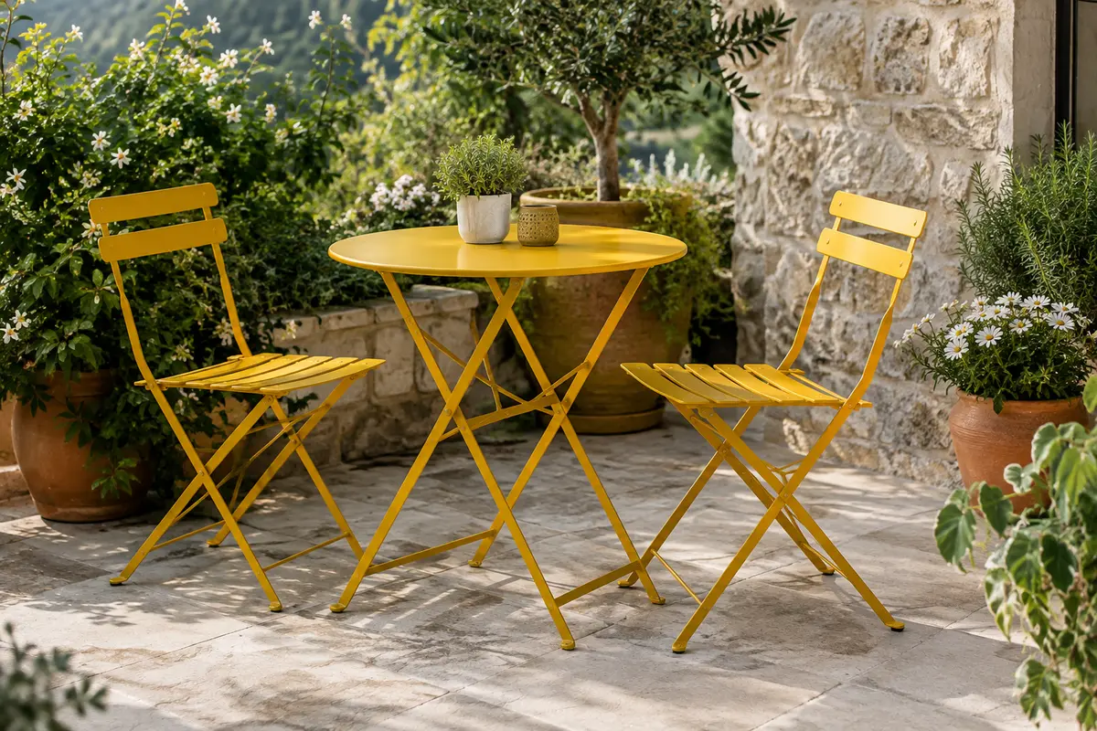 Ensemble bistrot jaune en acier avec table ronde et deux chaises pliantes sur une terrasse végétalisée