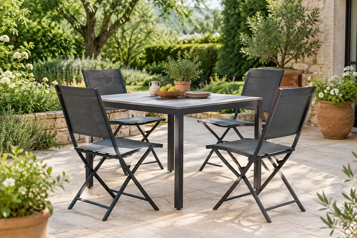 Quatre chaises de jardin pliantes Modula anthracite autour d’une table sur une terrasse végétalisée