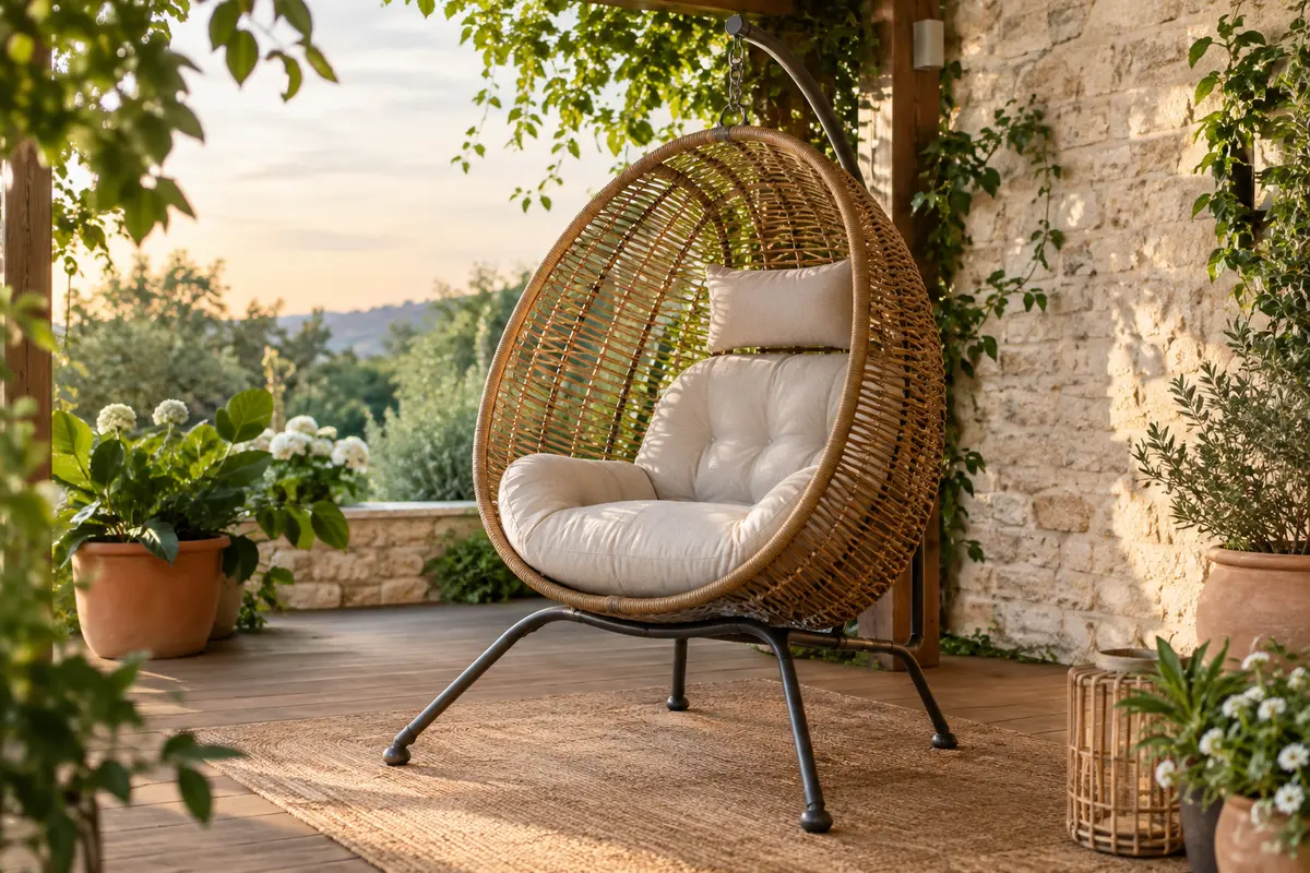 Fauteuil suspendu crème en forme d’œuf avec coussins et châssis métallique sur une terrasse couverte