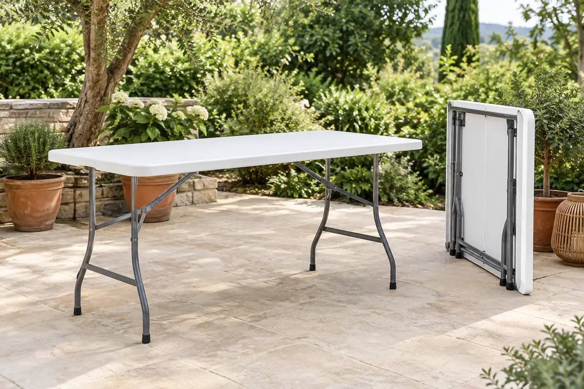 Deux tables pliantes blanches à structure en acier, présentées ouvertes et repliée dans un jardin verdoyant.