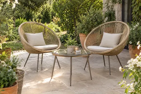 Deux fauteuils œuf en cordage beige entourent une table basse ronde à plateau en verre sur une terrasse.