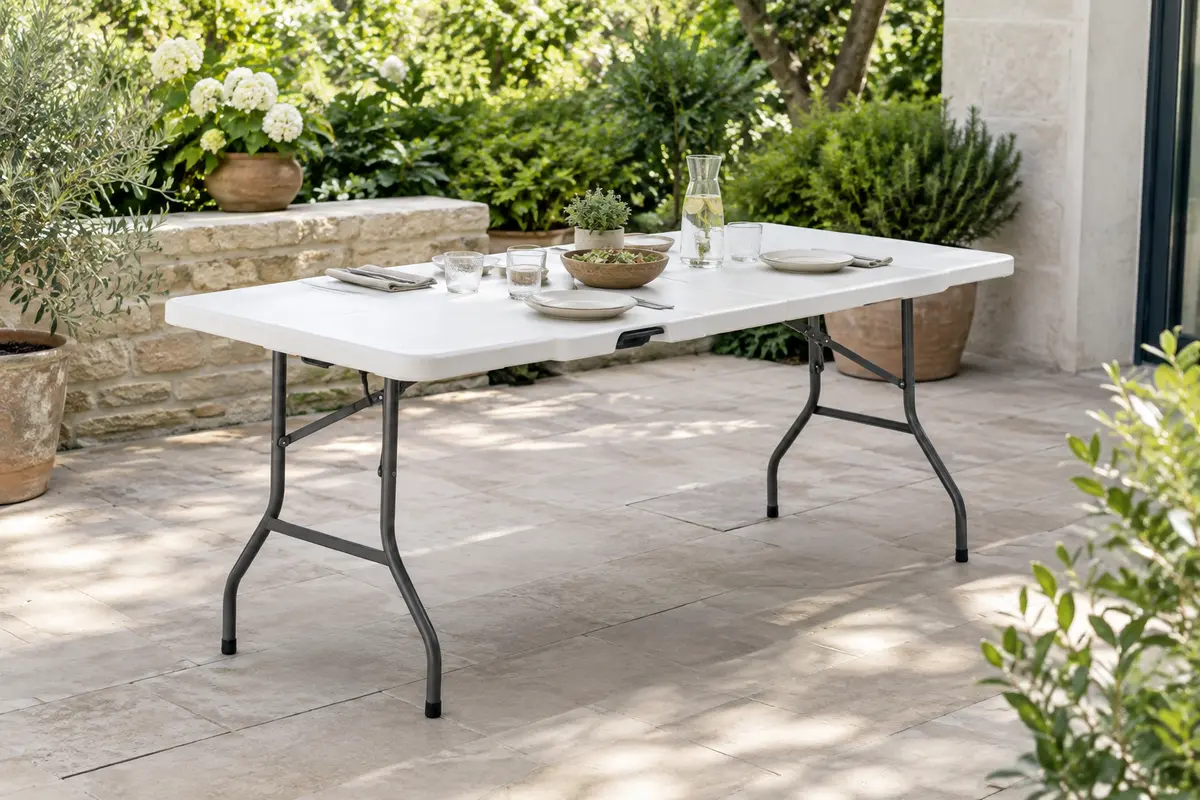 Table pliante rectangulaire blanche en plastique installée sur une terrasse de jardin végétalisée.