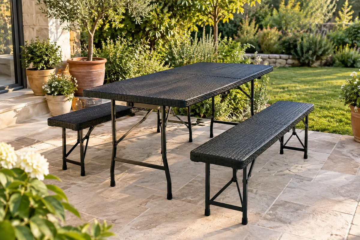 Table pliante noire effet rotin avec deux bancs assortis installée dans un jardin