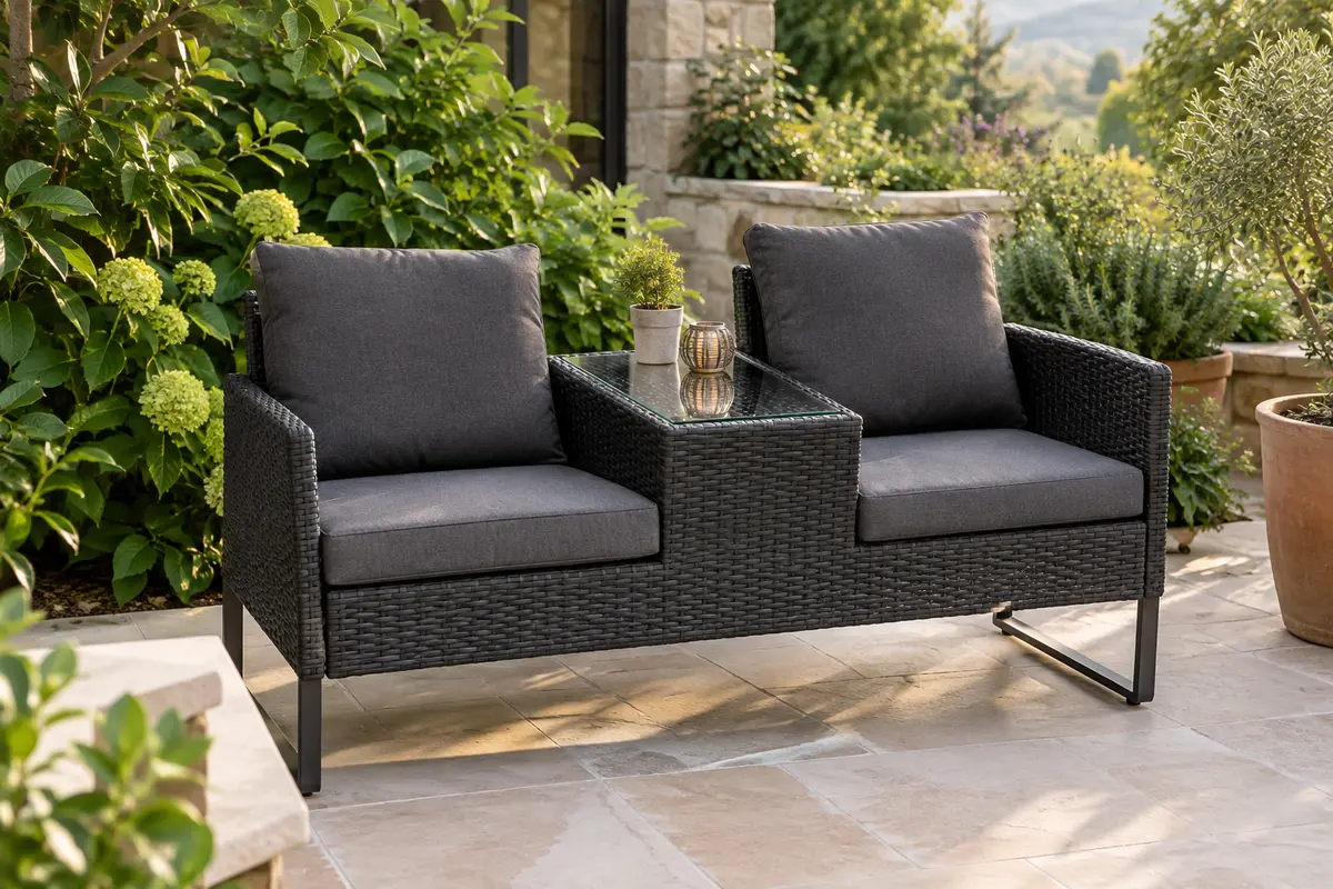 Banquette de jardin en polyrotin noir avec coussins gris foncé et table intégrée en verre