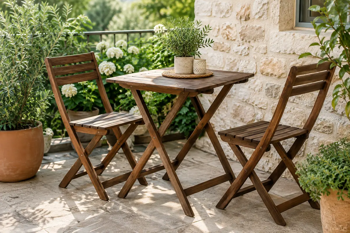 Table rectangulaire et deux chaises pliantes en acacia foncé installées sur une petite terrasse végétalisée.