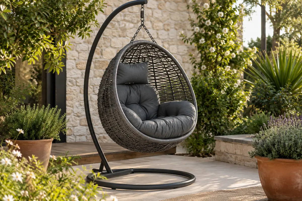 Fauteuil suspendu Aria en rotin synthétique gris foncé, avec coussins et pied, installé sur une terrasse végétalisée.