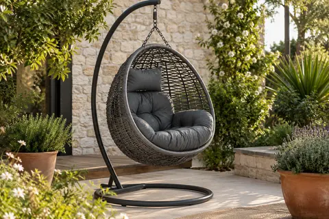 Fauteuil suspendu Aria en rotin synthétique gris foncé, avec coussins et pied, installé sur une terrasse végétalisée.