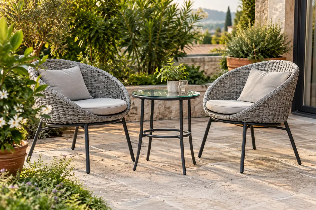 Salon bas gris clair avec deux fauteuils tressés et une table ronde en verre sur une terrasse végétalisée.
