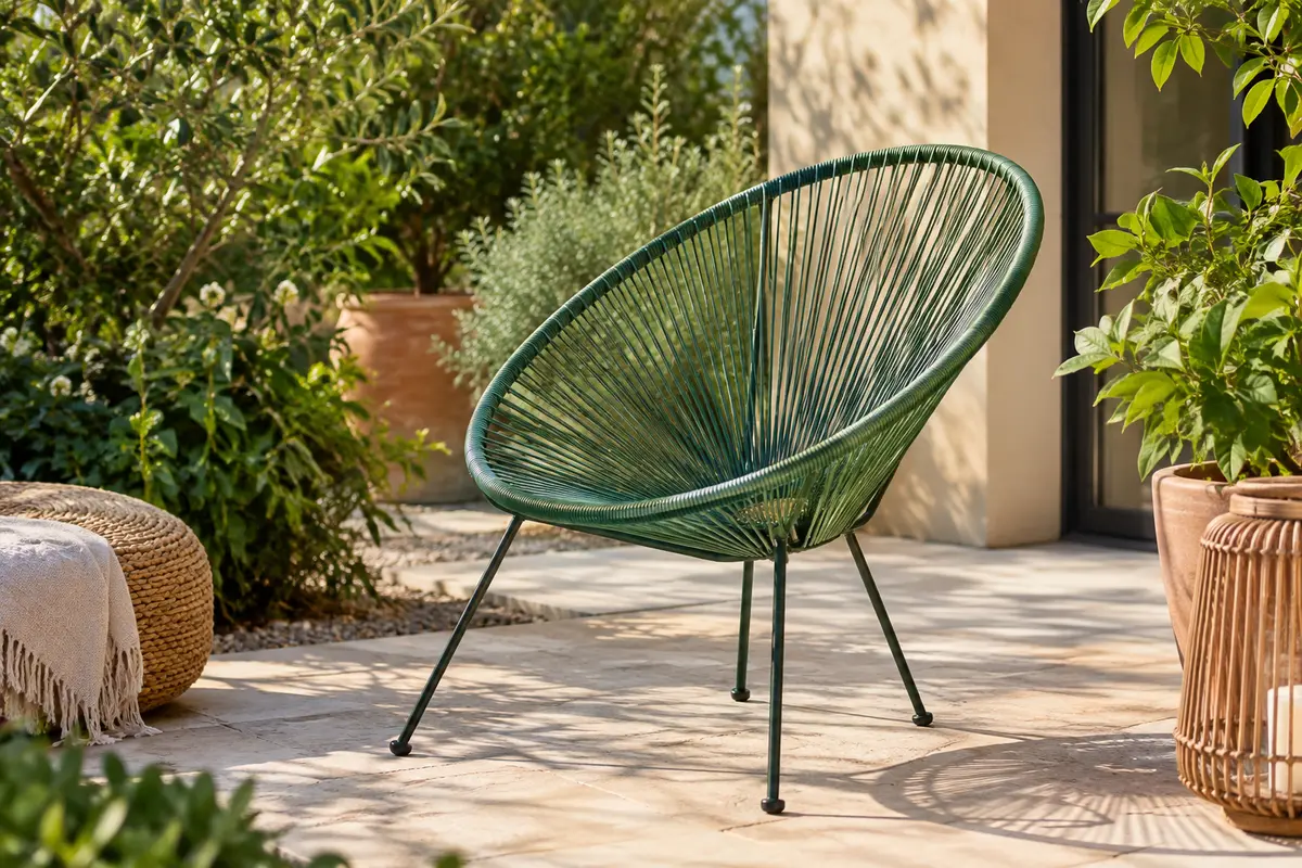 Fauteuil Acapulco vert à assise tressée et pieds en acier, installé sur une terrasse végétalisée.