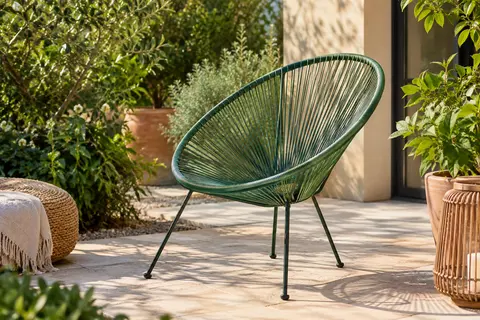 Fauteuil Acapulco vert à assise tressée et pieds en acier, installé sur une terrasse végétalisée.