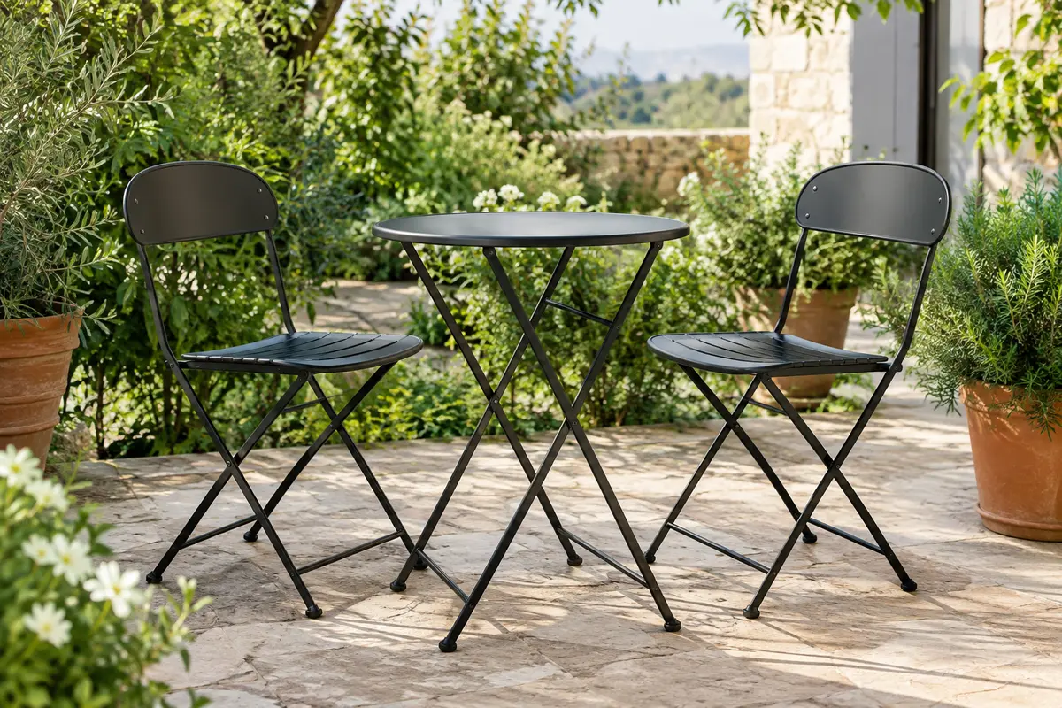 Ensemble bistrot noir en métal avec table ronde et deux chaises pliantes sur une terrasse végétalisée.