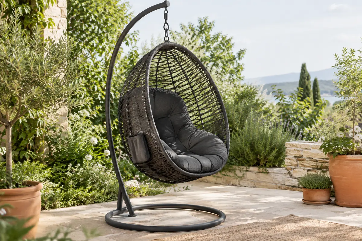 Fauteuil suspendu anthracite avec cadre en acier, coussin et poche latérale dans un jardin végétalisé.