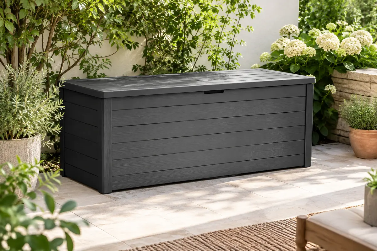 Banc coffre de jardin en résine gris anthracite à finition lattes, installé sur une terrasse végétalisée.