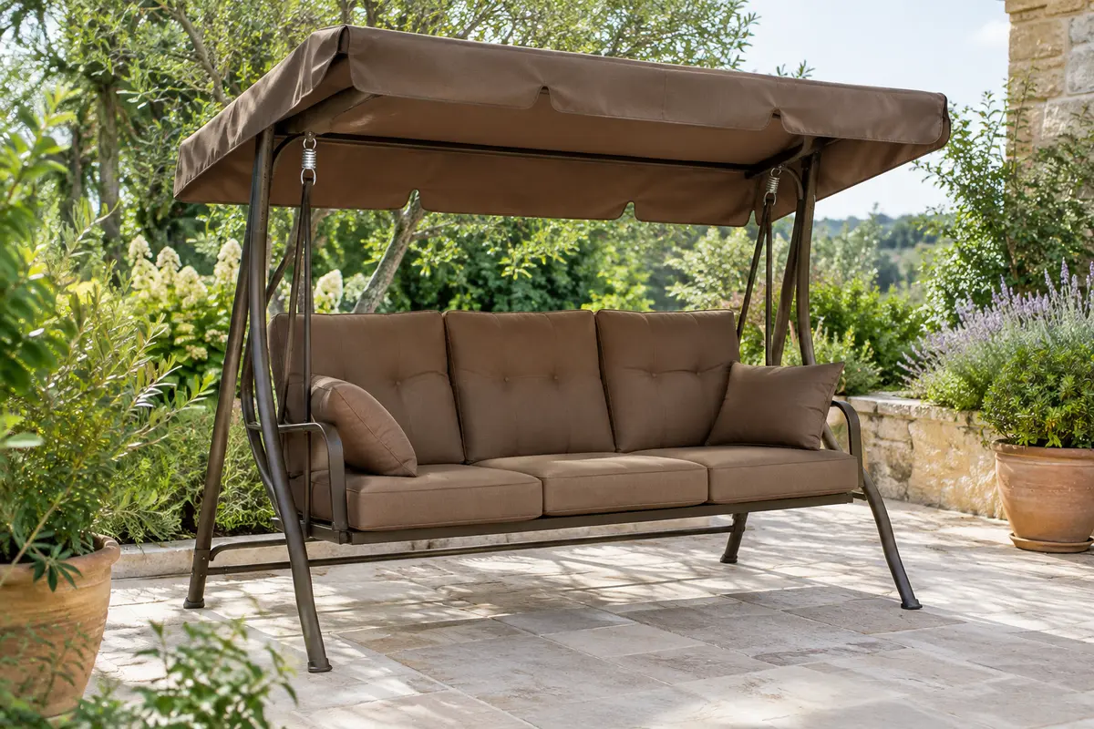 Balancelle de jardin marron avec coussins rembourrés et auvent inclinable, installée sur une terrasse végétalisée.