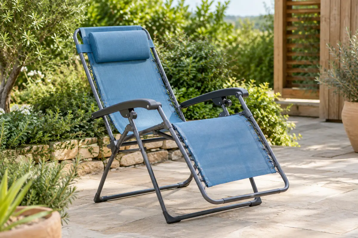 Fauteuil relax pliant Lafuma à toile Batyline bleue, installé sur une terrasse au milieu d’un jardin