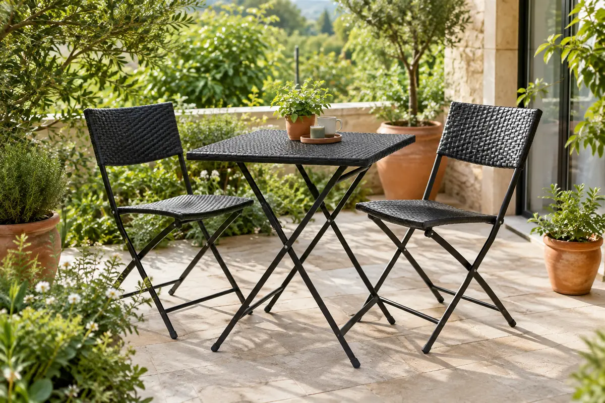Ensemble bistrot pliant en rotin PE noir avec une table carrée et deux chaises sur une terrasse végétalisée.