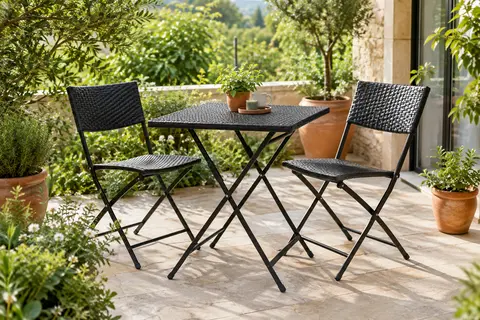 Ensemble bistrot pliant en rotin PE noir avec une table carrée et deux chaises sur une terrasse végétalisée.