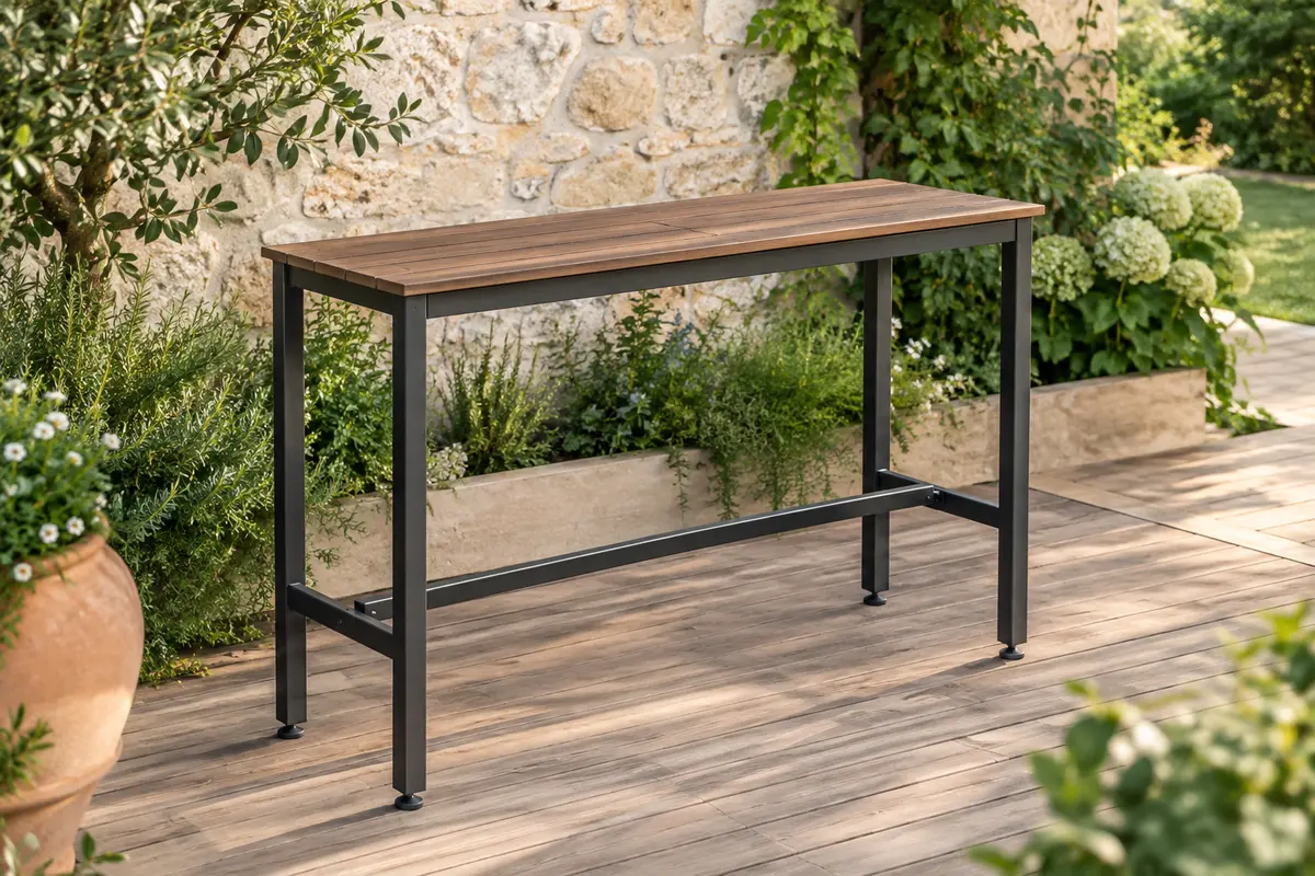 Table haute de jardin brune en WPC et métal, avec plateau à lames et piètement renforcé.