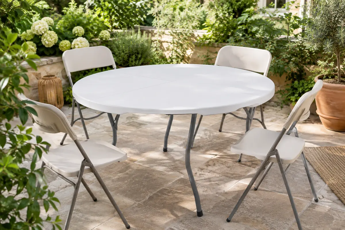 Table ronde pliante blanche Lifetime installée sur une terrasse végétalisée, prête pour un repas en extérieur.