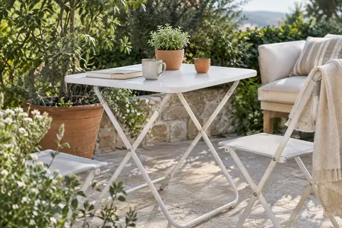 Table pliante blanche à structure en aluminium installée sur une terrasse végétalisée