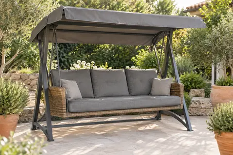 Balancelle de jardin trois places avec coussin gris épais et auvent rétractable