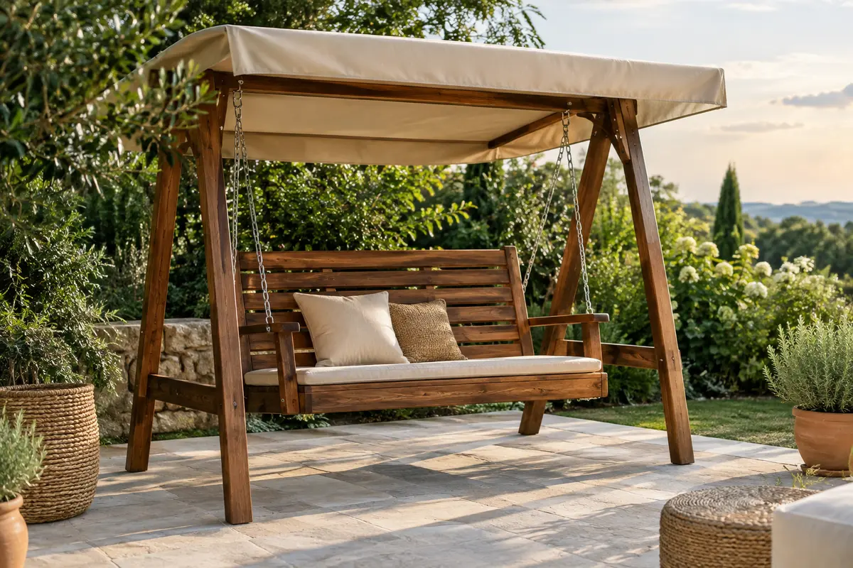 Balancelle de jardin en bois marron avec toit beige et assise suspendue par chaînes, dans un jardin végétalisé.