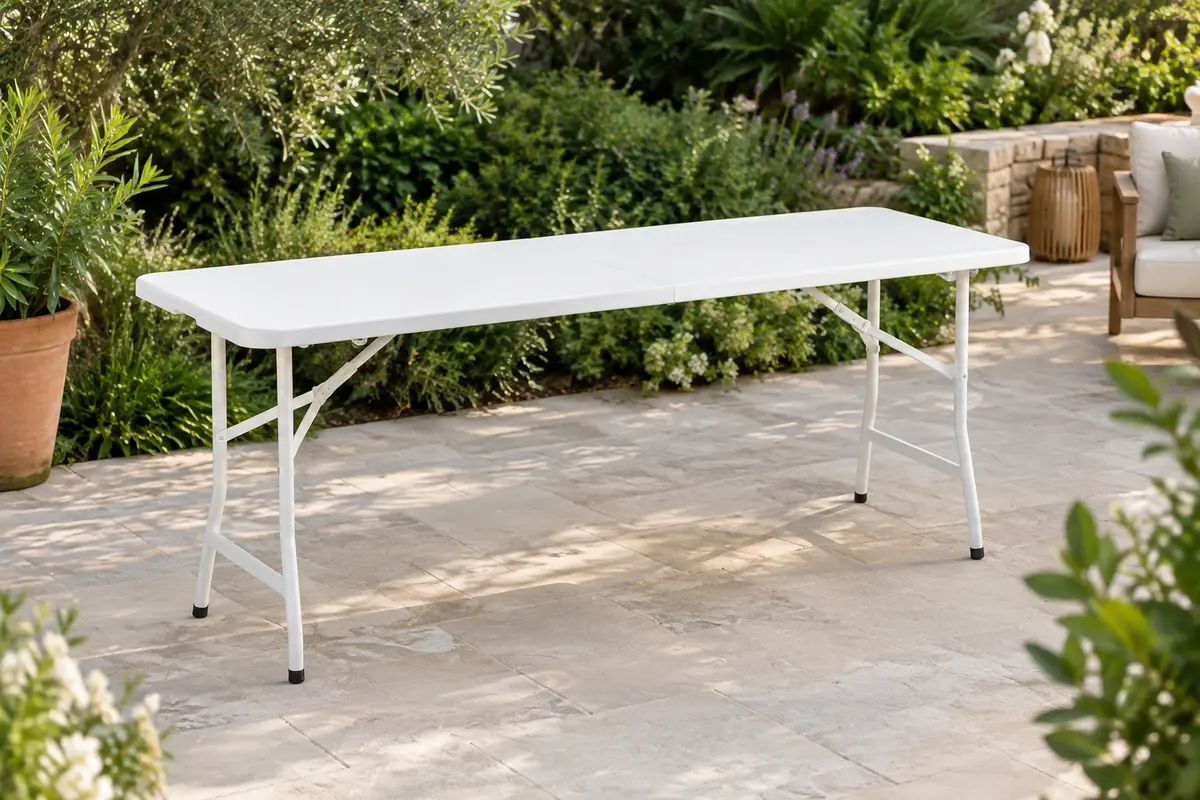 Table pliante blanche ouverte sur une terrasse de jardin, avec plateau en PEHD et piètement en acier.