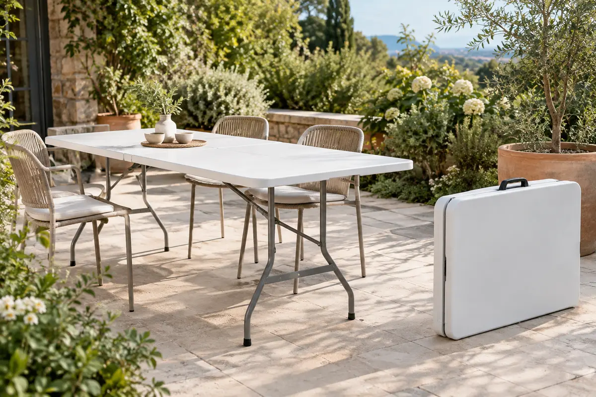 Deux tables pliantes blanches en résine et acier, l’une ouverte et l’autre repliée sur une terrasse végétalisée.