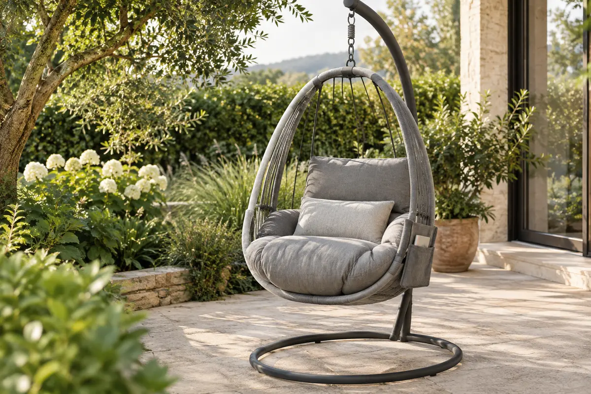 Fauteuil suspendu gris avec deux coussins et poche latérale, installé près d’une terrasse végétalisée.