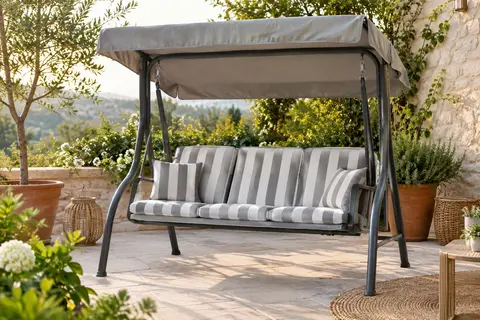 Balancelle de jardin trois places à rayures gris et blanc, avec toit inclinable et coussins