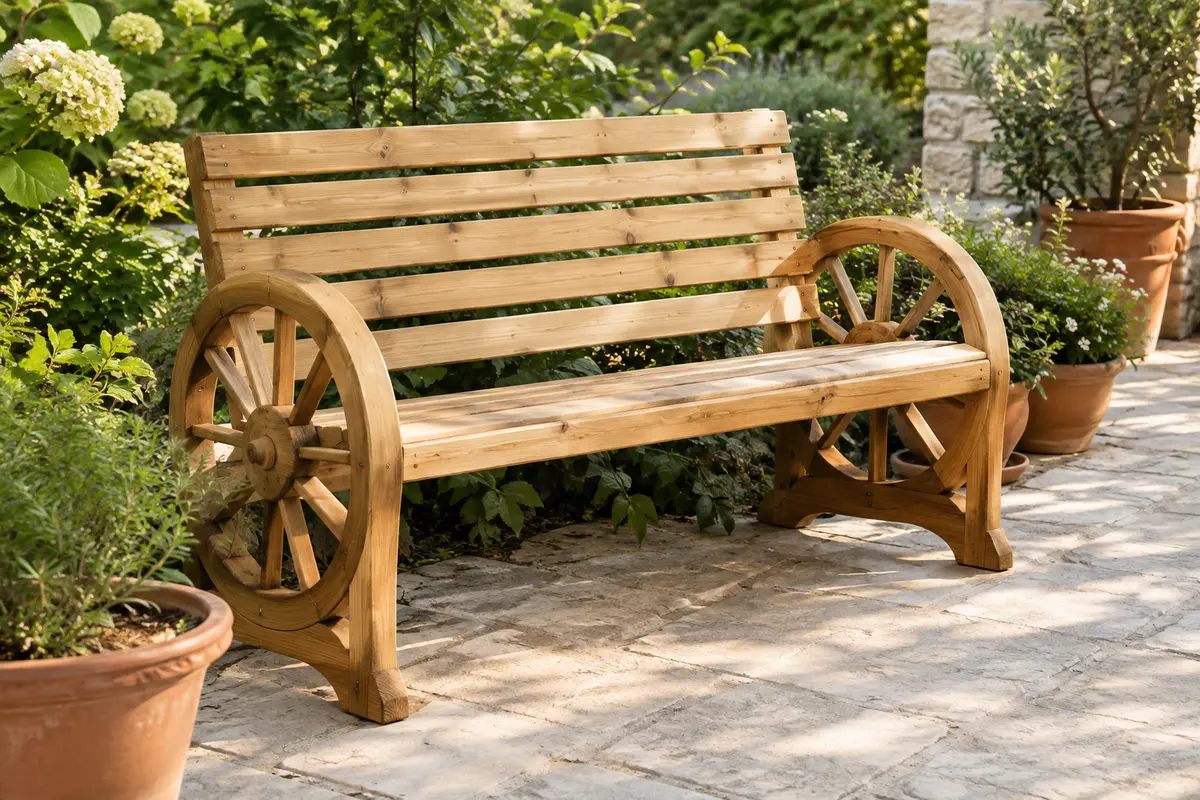 Banc de jardin en sapin à lattes, avec accoudoirs en forme de roues de charrette, sur une terrasse végétalisée.